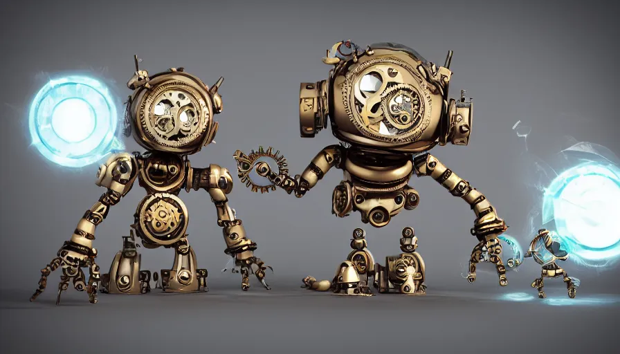 Prompt: two cute steampunk robots with souls and with dragon scales and large eyes smiling and waving, isolated on white background, 3D occlusion