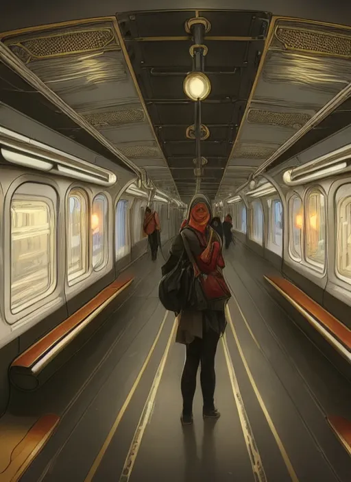 Prompt: perfectly - empty subway train interior, intricate, highly detailed, digital painting, artstation, concept art, smooth, sharp focus, illustration, unreal engine 5, 8 k, art by artgerm and greg rutkowski and alphonse mucha