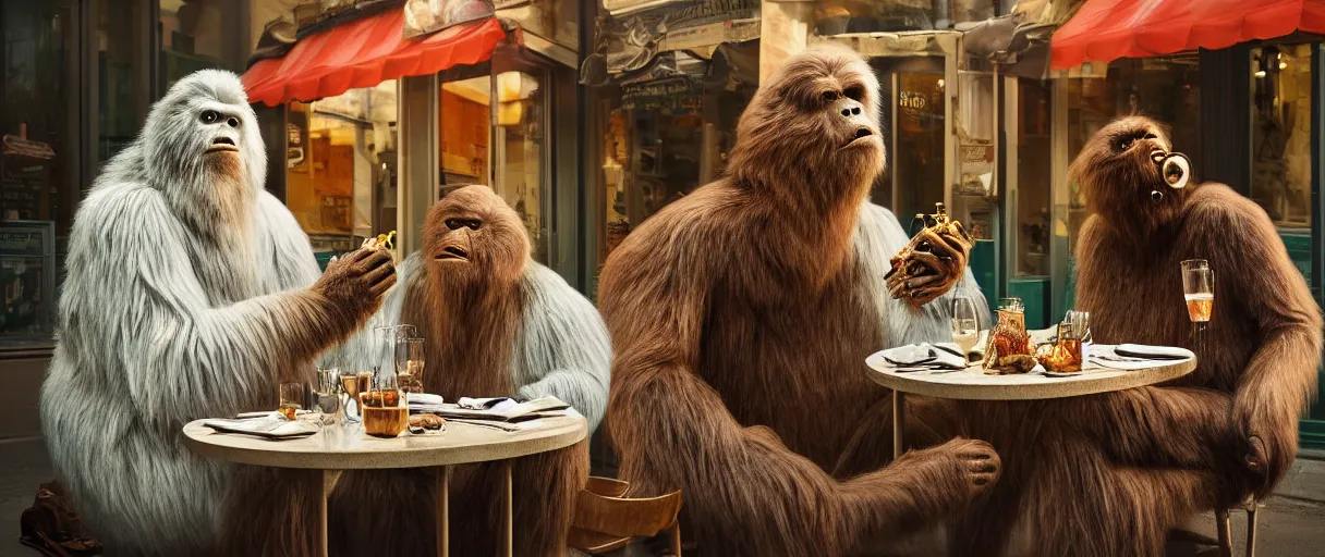 Image similar to accidentally wes anderson award - winning photograph of yeti and bigfoot eating lung outside paris restaurant, accidental renaissance, golden ratio, fibonacci composition, 4 k, detailed, art by greg rutkowsky, trending on artstation, cinematic lighting, filmic grain, golden hour, detailed, 4 k