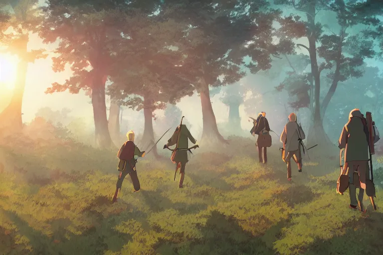 Prompt: cell shaded key visual of a group nomads hunting in a misty forest at dawn in the style of studio ghibli, moebius, makoto shinkai,