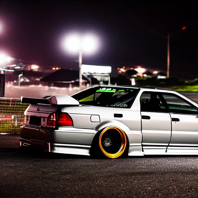 Prompt: a car JZX100 twin turbo drift at illegal car meet, Tochigi prefecture, city midnight mist lights, cinematic lighting, photorealistic, highly detailed wheels, high detail
