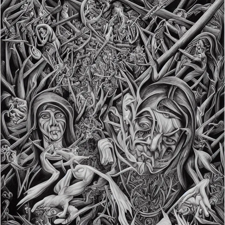 Image similar to transformation through death by Alex Grey and M. C. Escher collaboration