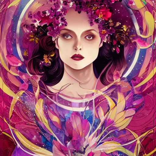 Image similar to scarlet witch in a swirling sundress of flowers, floral explosion, radiant light, vortex of plum petals, by WLOP, Tristan Eaton