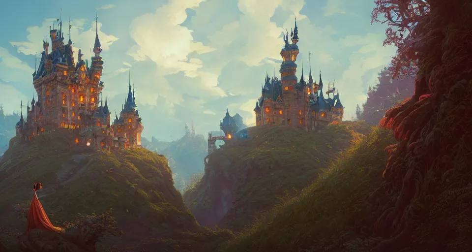 Image similar to highly detailed fairytale castle, stephen bliss, unreal engine, greg rutkowski, loish, rhads, beeple, makoto shinkai and lois van baarle, ilya kuvshinov, rossdraws, tom bagshaw, tom whalen, alphonse mucha, global illumination, god rays, detailed and intricate environment