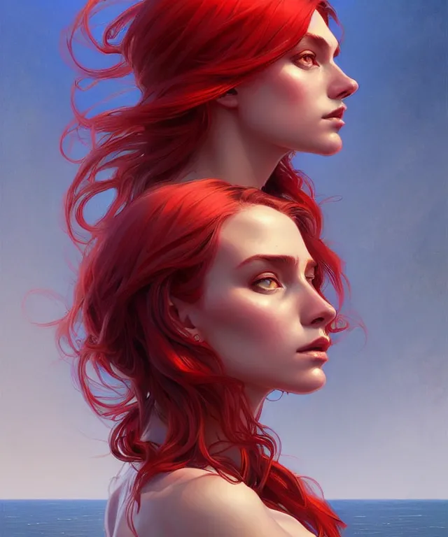 Image similar to emily rajtkowski, lake, red, highly detailed, digital painting, artstation, concept art, smooth, sharp focus, illustration, art by artgerm and greg rutkowski and alphonse mucha