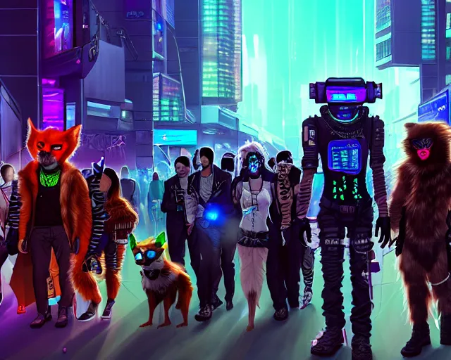 Image similar to high - resolution photograph from a cyberpunk era furry fandom convention ( midwest furfest 2 0 4 7 ), taking place after the genetic revolution and singularity. photorealistic.