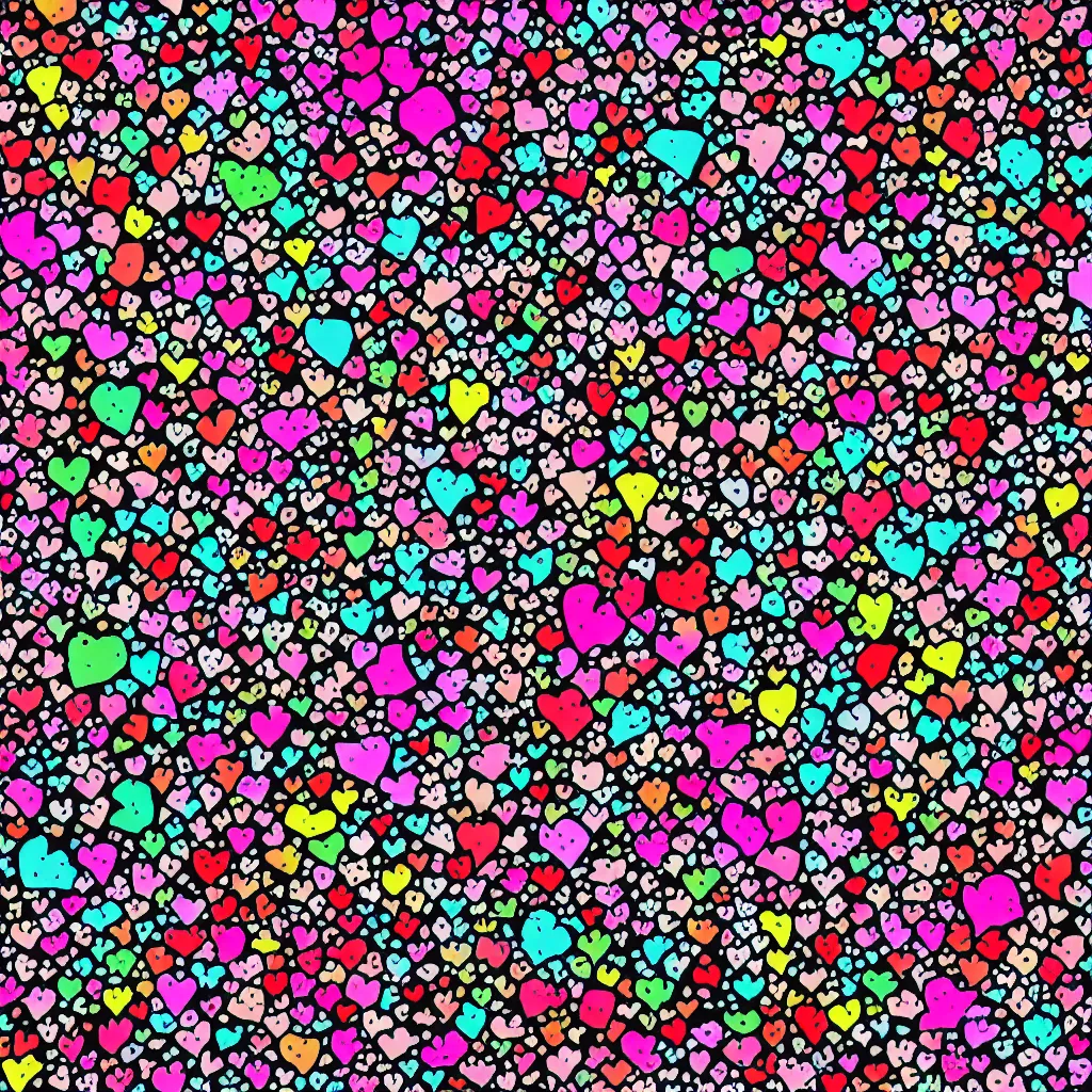 Image similar to camo made of hearts and smiling, abstract, jet set radio artwork, cryptic, dots, spots, stipple, lines, splotch, color tearing, pitch bending, faceless people, dark, ominous, eerie, hearts, minimal, points, technical, old painting, neon colors, folds