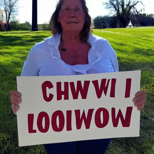 Prompt: A beautiful woman holding a sign that reads Chowning is a Fool.