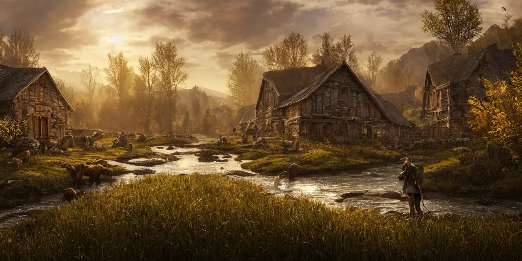 Image similar to the elder scrolls vi, rustic farmer settlement along a stream, fields and forested area, painted, intricate, volumetric lighting, beautiful, daytime, sunny weather, slight overcast, golden hour, sharp focus, deep colours, ultra detailed, by leesha hannigan, ross tran, thierry doizon, kai carpenter, ignacio fernandez rios