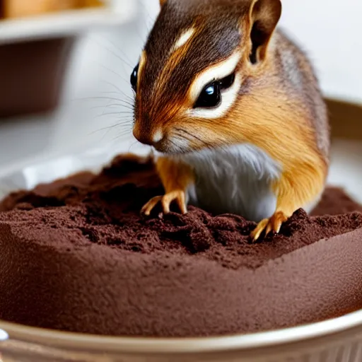 Image similar to photo of chipmunk sitting inside chocolate pudding, messy