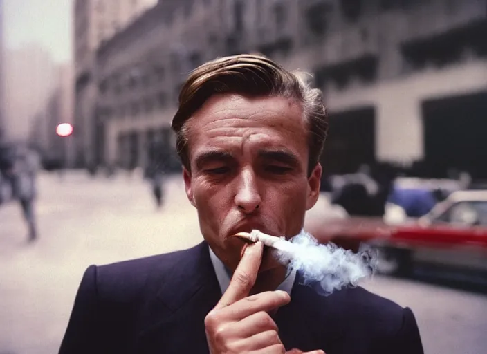 Image similar to color photo. stock market. handsome man smoking a cigarette in the 8 0's