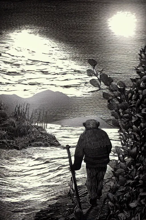 Prompt: a beautiful wood engraving on paper of an old fisherman by artist sue scullard, 8 k, frostbite 3 engine, cryengine, dof, trending on artstation, digital art, crepuscular ray