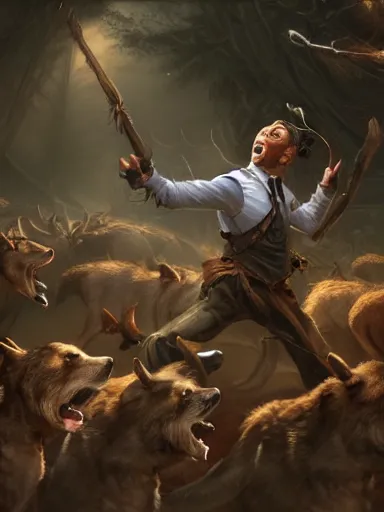 Prompt: a screaming man holding a quartestaff. surrounded and being atacked by by a pack of wolves. intricate, elegant, highly detailed, digital painting, artstation, concept art, sharp focus, illustration, by justin gerard and artgerm, 8 k