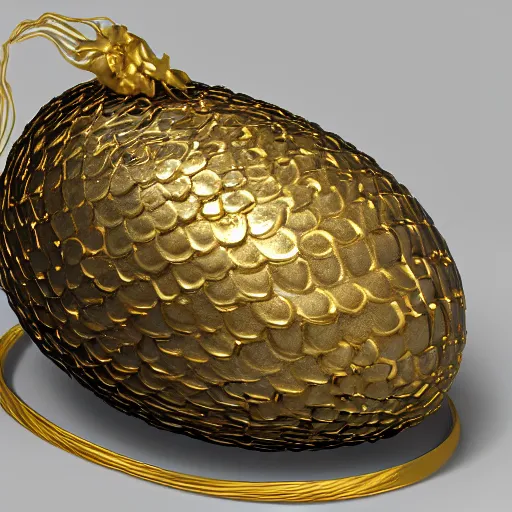 Image similar to an elaborate dragon egg emerging from the blossom of a metallic gold flower with tendrils of gold wrapping around the egg, fantasy concept art