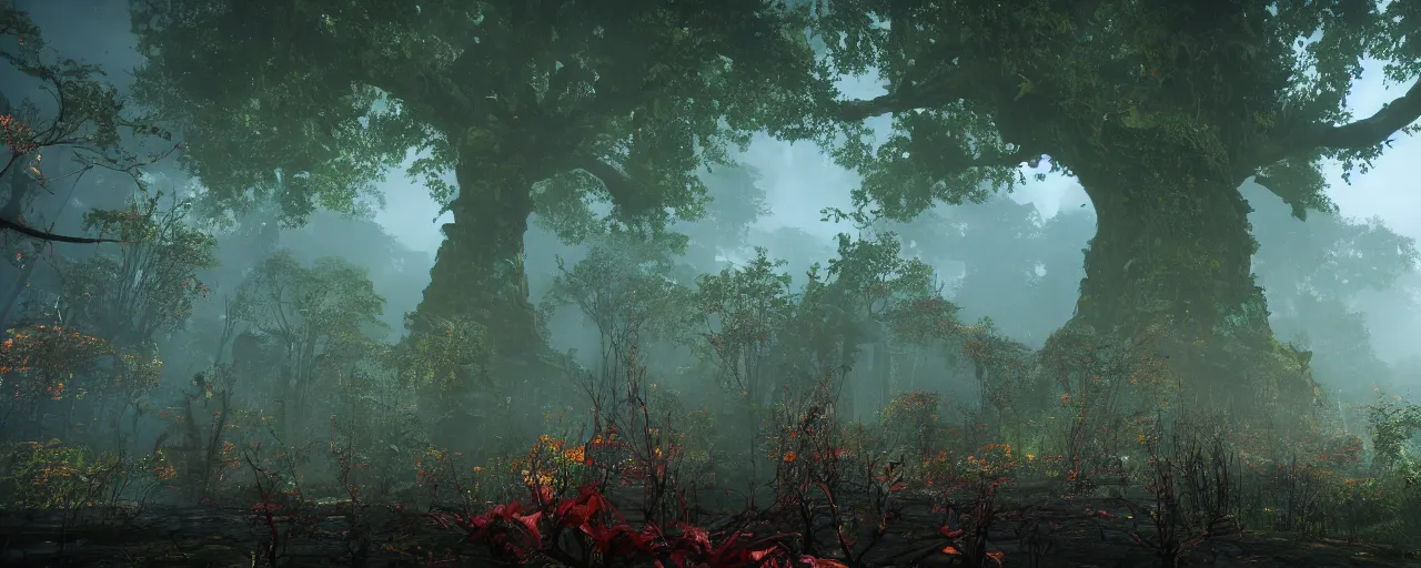 Prompt: a stunning wide shot view of a mythical rainforest, colorful trees, screenshot from bloodborne