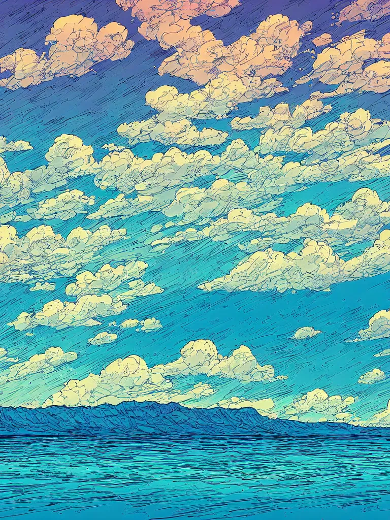 Image similar to a digital art of a close up view of a field, the beach, mountain and the sea at noon, beautiful sky and clouds, colorful, by laurie greasley, artstation, studio ghibli color scheme