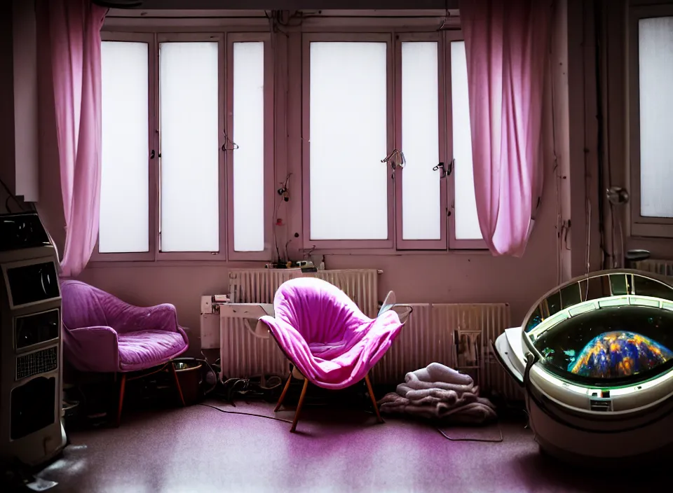 Image similar to telephoto 7 0 mm f / 2. 8 iso 2 0 0 photograph depicting the feeling of chrysalism in a cosy cluttered french sci - fi ( art nouveau ) cyberpunk apartment in a pastel dreamstate art cinema style. ( laundry, computer screens, window ( city ), armchair, lamp ( ( ( fish tank ) ) ) ), ambient light.