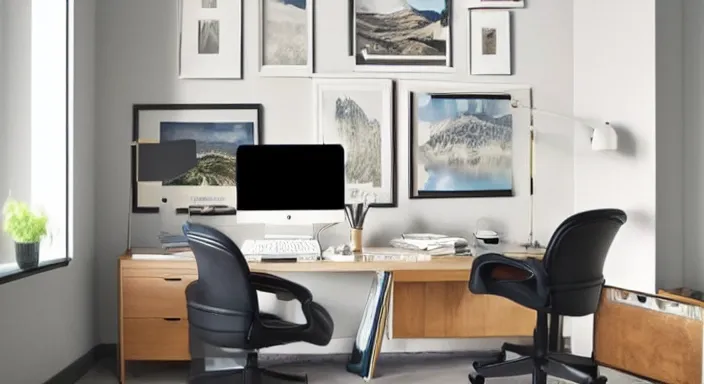 Image similar to photo of a home office dream setup, high-end computer, office chair, large monitor, cozy, soft light, beautiful peaceful view out of the large window