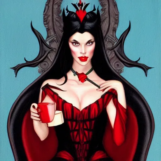 Image similar to fantasy painting of a beautiful dark princess, style of gerald brom, dark hair, black and red dress, blue eyes, sitting on a dark wooden throne, drinking coffee