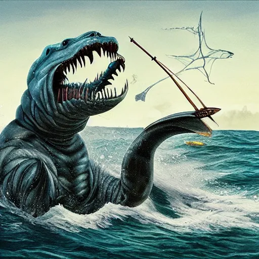 Image similar to hyper realistic sea monster with harpoons sticking out of it's skin