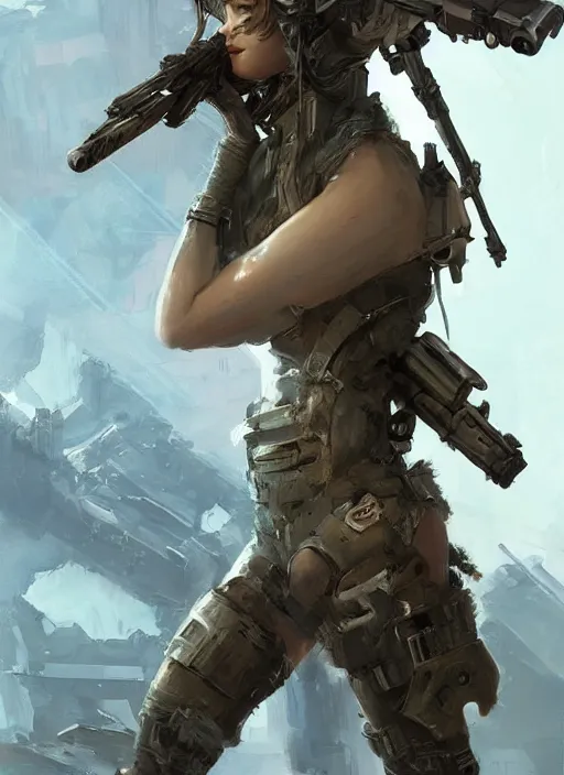 Image similar to of a beautiful sniper girl in war, with futuristic gear and helmet, portrait by ruan jia and ross tran, detailed, epic video game art, warm color tone