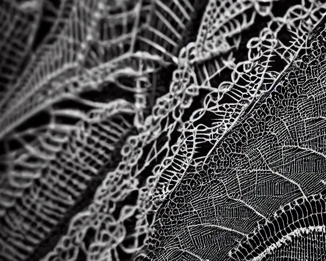 Image similar to extreme close up of a retina, made of intricate decorative lace leaf skeleton, in the style of the dutch masters and gregory crewdson, dark and moody