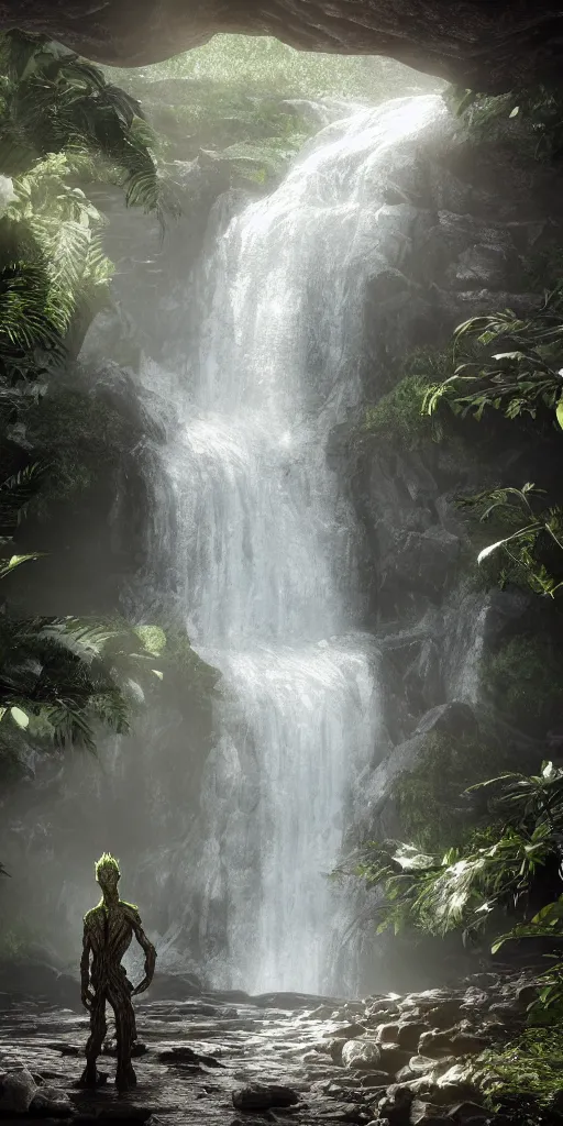 Image similar to photorealistic wide shot portrait of Groot under waterfall, octane render, unreal engine 4k, volumetric light, fog, detailed