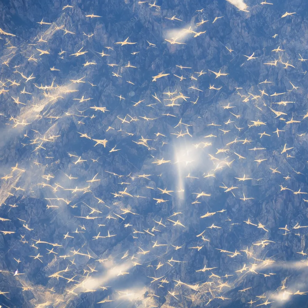 Image similar to sky parade of zeppelins flying over swirling dolomites, birds eye view, casting shadows, light rays