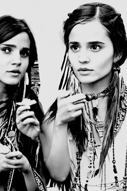 Image similar to photo of two native american indian woman's : emma watson and angelina jolie smoking a pipe of peace, portrait, skilled warrior of the apache, ancient, realistic, detailed