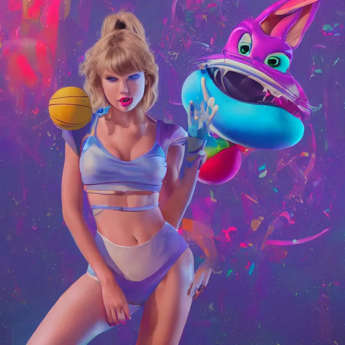 Prompt: portrait of Taylor Swift as Lola Bunny in Space Jam 1996. intricate abstract. intricate artwork. by Tooth Wu, wlop, beeple, dan mumford. octane render, trending on artstation, greg rutkowski very coherent symmetrical artwork. cinematic, hyper realism, high detail, octane render, 8k, iridescent accents