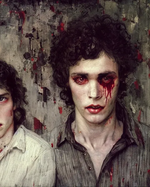 Image similar to two handsome but creepy siblings in layers of fear, with haunted eyes and wild hair, 1 9 7 0 s, seventies, wallpaper, a little blood, moonlight showing injuries, delicate embellishments, painterly, offset printing technique, by coby whitmore, jules bastien - lepage