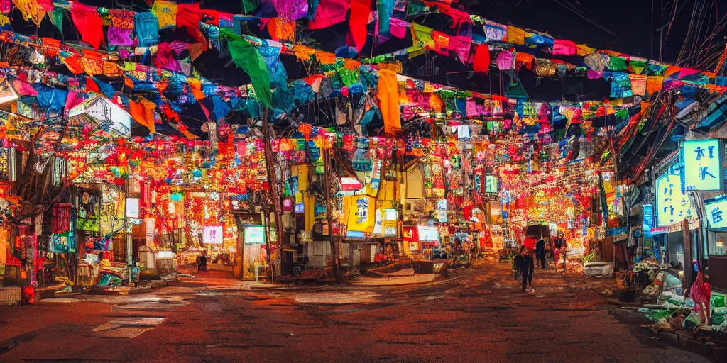 Image similar to a Japanese cyberpunk shrine, snowing, photograph,, sharp focus, intricate detail, high resolution, 8k, neon streetlights, wires hanging down everywhere, Japan, colourful, prayer flags