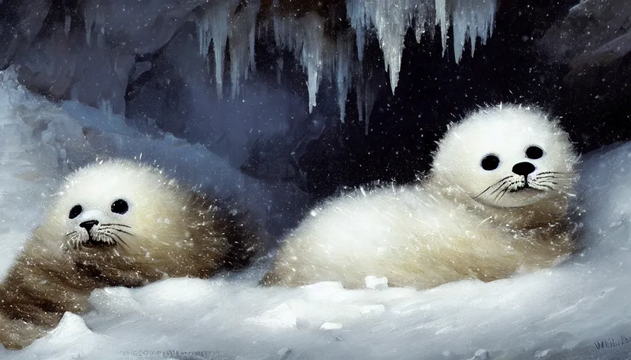 Image similar to highly detailed painting of cute furry white baby seals cuddled up inside snowy fantasy ice crystal cavern by william turner, by greg rutkowski, by william constable, thick brush strokes and visible paint layers, 4 k resolution