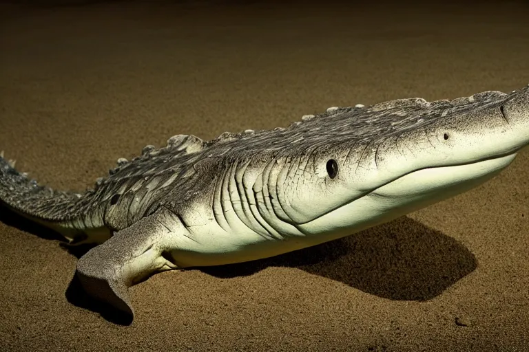 Image similar to a crocodile shark!!! hybrid! hyper realistic!! realistic lighting!! wildlife photographer of the year!!! bold natural colors, national geographic, hd, wide angle, 8 k