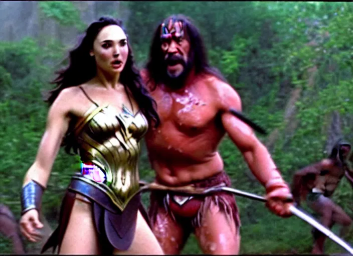 Image similar to gal gadot as conan the barbarian oil wrestling with a cavewoman, movie still photograph taken by richard kern, from the movieclan of the cave bear, 8 k, realistic