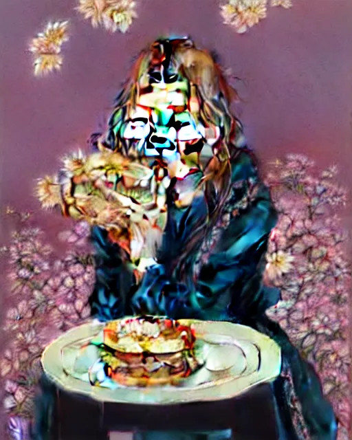 Image similar to Beautiful and playful portrait of kate moss eating a big mac, art nouveau, fantasy, intricate flower designs, elegant, highly detailed, sharp focus, art by Hasui Kawase, Artgerm and Greg Rutkowski and WLOP