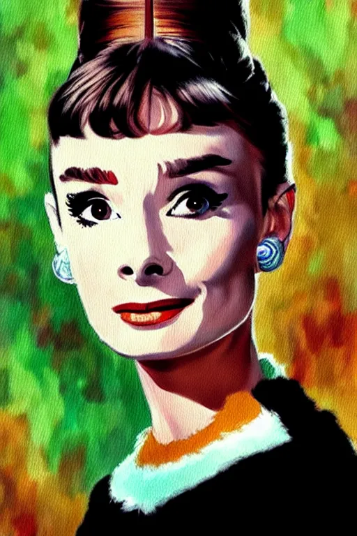 Image similar to impressionism painting of a d & d style retro sci - fi audrey hepburn beautiful face and wearing full detailed clothing