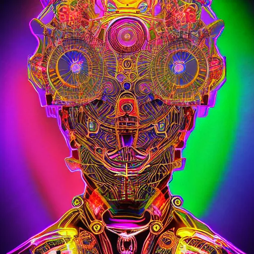 Prompt: hyperdetailed portrait of a psychedelic steampunk robot head, covered in colorful glowing holy geometry lotus flowers, wearing multicolored tubes, eyes are rainbow laser, 8 k, symetrical, halluzinogenic, meditative, flourescent colors on black background, sticker art