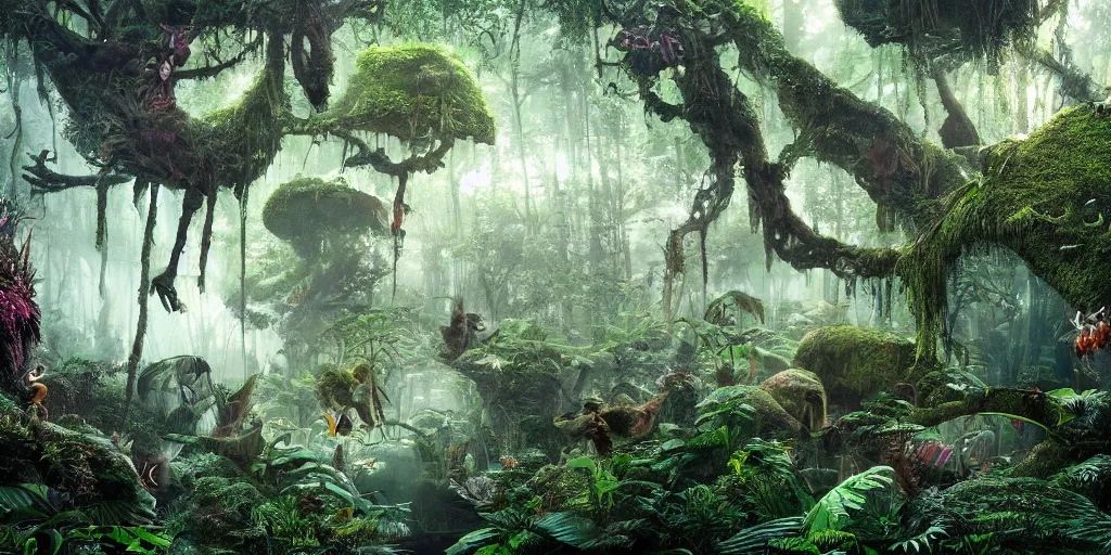 Image similar to extra wide view. a marvelous magic forest jungle inhabited with fantastic creatures. iridescent. annihilation. hyper - detailed. hyperreal. unreal render.