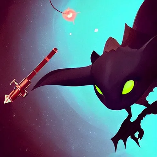 Image similar to “ creature in the style of how to train your dragon holding laser gun, floating alone, with a black background, digital art, award winning, trending on art station, retro style ”