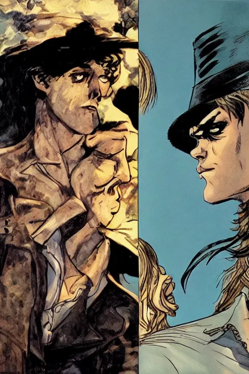 Image similar to dream from sandman comic book and corto maltese, staring at each other, close up, portraits, comic book cover