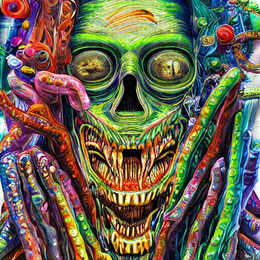 Image similar to a high hyper - detailed painting with complex textures of the face of contradictions in fusion, when determinism and the indeterminate play strange syntheses awakening chaotic, deformed beings and rebellious monsters made of candies and psychotropic psychoactive substances psychedelic fulcolor spiritual chaos surrealism horror bizarre psycho art