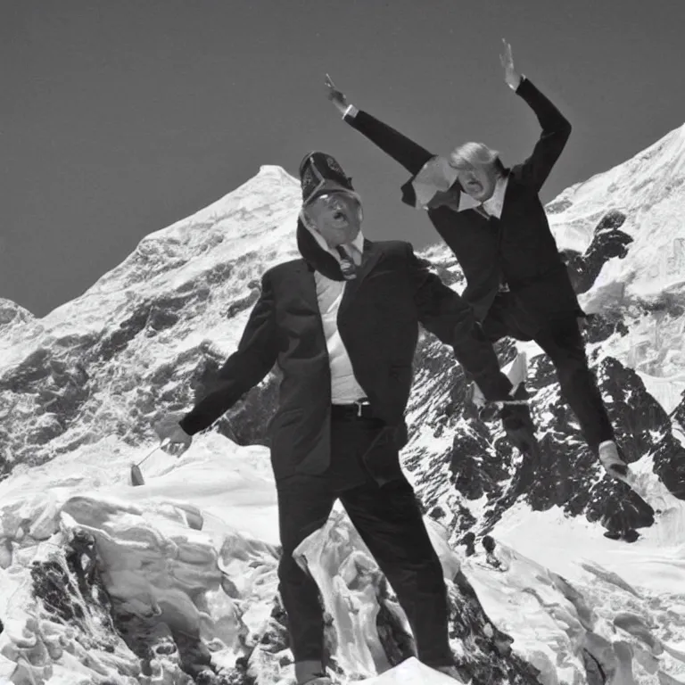 Image similar to historic photo of Donald Trump doing the macarena on top of mount everest.