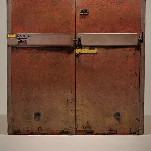 Image similar to A still life of a safe on the wooden ground, wood panels, metalic, (((rusty))), ((Edwin Foley))