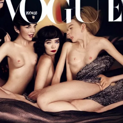 Prompt: stunning vogue magazine photo of dark - haired goddesses vanessa kirby, hailee steinfeld, and bjork smiling, legs intertwined, laying back on the bed, with wet faces!!, wet lips, perfect eyes, insanely detailed, elegant, by wlop, rutkowski, livia prima, mucha, wlop,