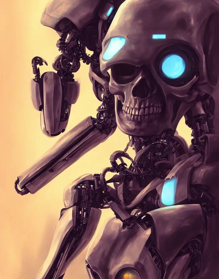 Image similar to skull - headed robot cyborg painting, illutstration, concept art, cyberpunk, futurism, comics art, artgerm, full body shot, wide angle