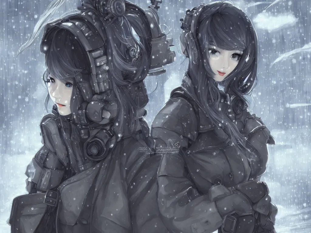 Prompt: portrait cyber warrior girl, grey hair dieselpunk wardrobe, in tokyo street cyberpunk snowy night, ssci - fi and fantasy, intricate and very very beautiful and elegant, digital painting, pixiv, concept art, smooth, illustration, art by yam and luker and yoda and ライコ and zumi and shal. e trending on pixiv