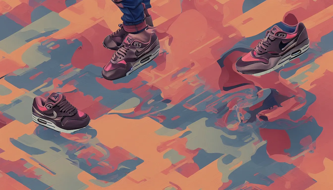 Image similar to excellent painted isometric view of 'nike air max 1', high quality masterpiece painted, patterned background, 4k, trending on artstation, octane render, art by James Jean and artgerm and greg rutkowski and alphonse mucha and craig mullins and James Jean and Andrei Riabovitchev and Marc Simonetti and peter mohrbacher