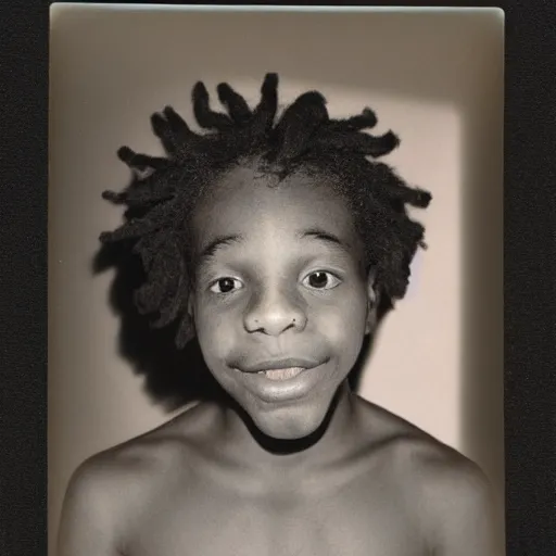 Image similar to photo of a black boy with colored dread, in dark room flash high polaroid effect ( 1 9 8 0 )