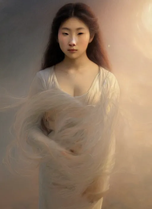 Image similar to oil painting close up portrait of a contemplative young asian woman with long dark flowing hair in a dress made of white roses!! at sunset, hazy, digital art, chiaroscuro, artstation, cinematic, golden hour, digital art painting by greg rutkowski, william - adolphe bouguereau, hazy atmosphere, cinematic lighting